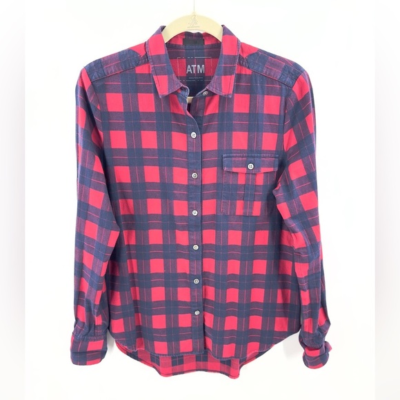 ATM Anthony Thomas Melillo Tops - ATM Womens Plaid Flannel Button Shirt Size L Red Blue Long Sleeve Cotton Top
